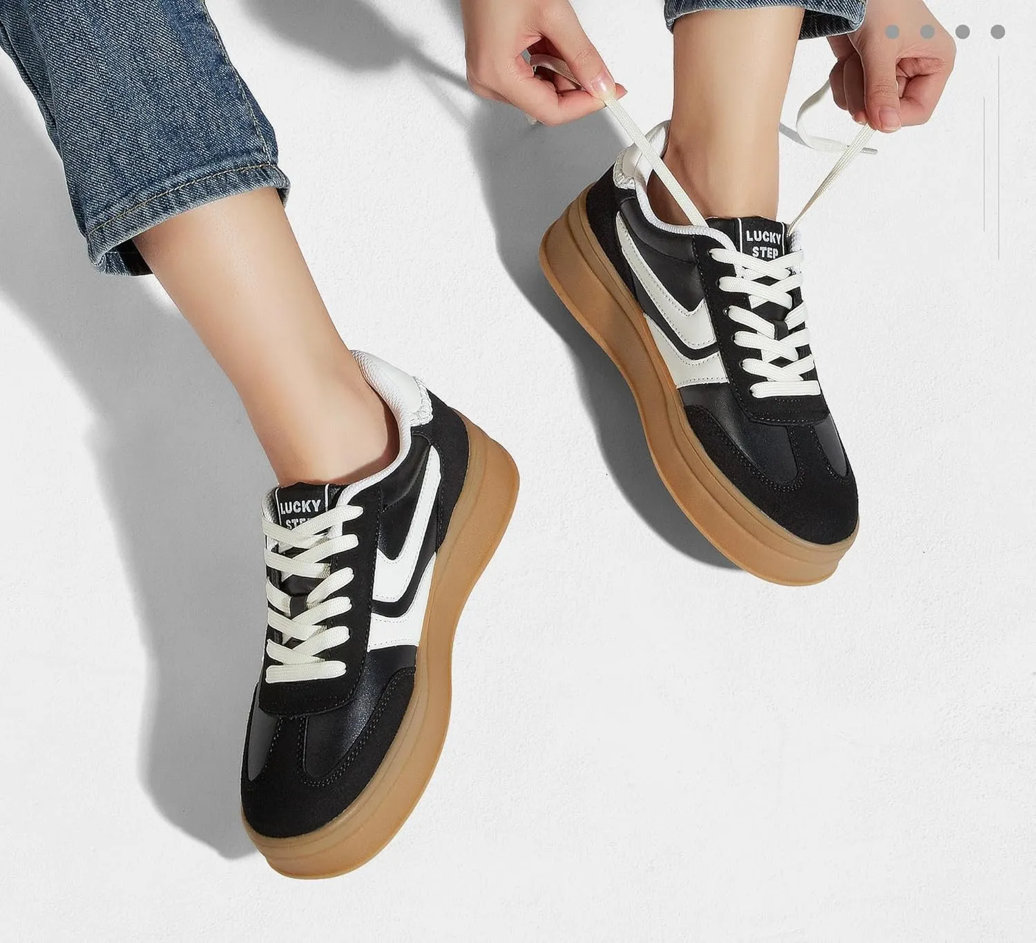 LUCKY STEP Platform Sneakers for Women Fashion Retro Thick Rubber Gum Sole Comfortable Tennis Skate Trainer Classic Walking Shoes Casual Streetwear