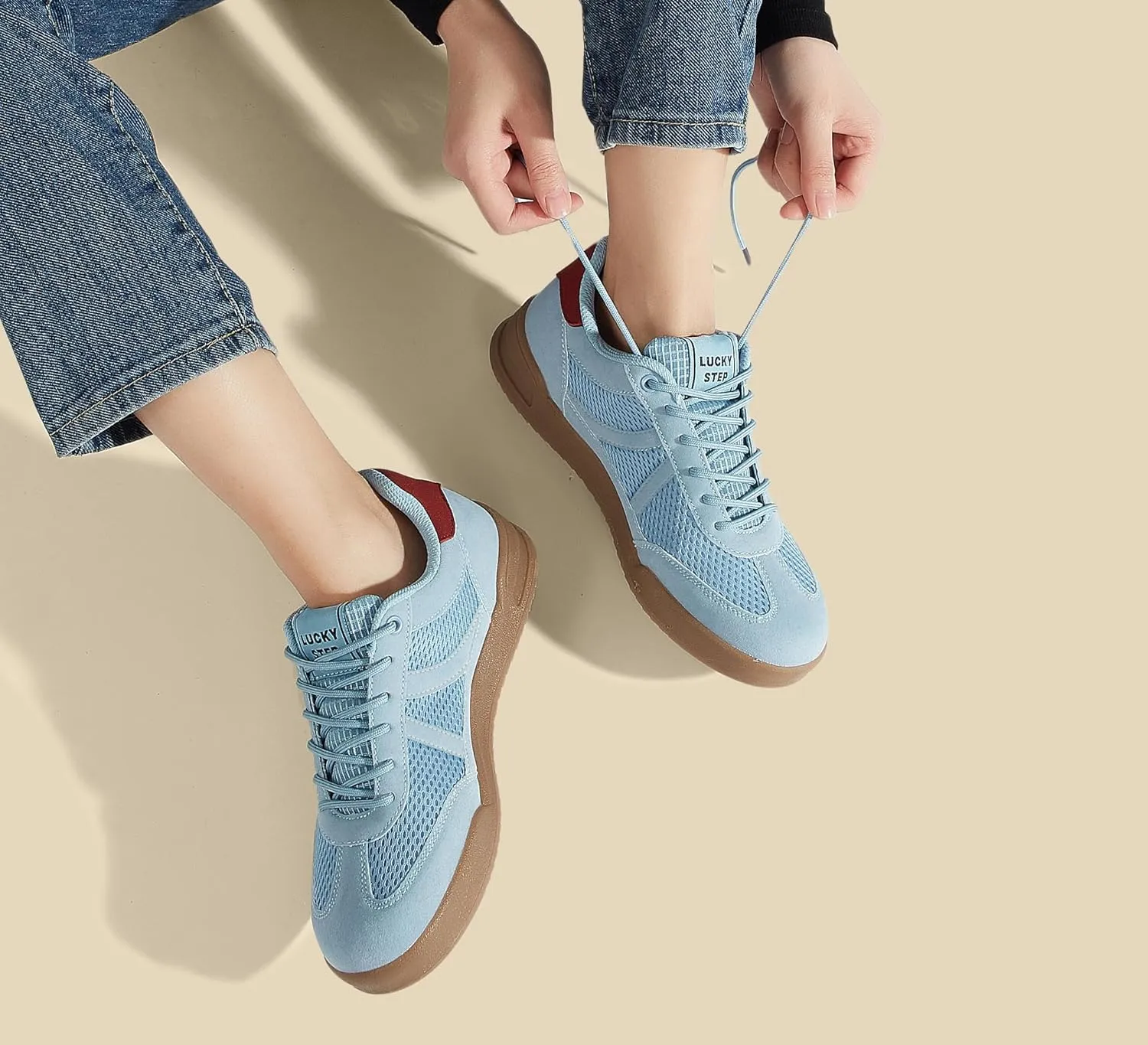 LUCKY STEP Women's Retro Fashion Sneakers Classic Mesh Gum Sole Tennis Footwear Casual Running Trainer Skate Walking Shoes