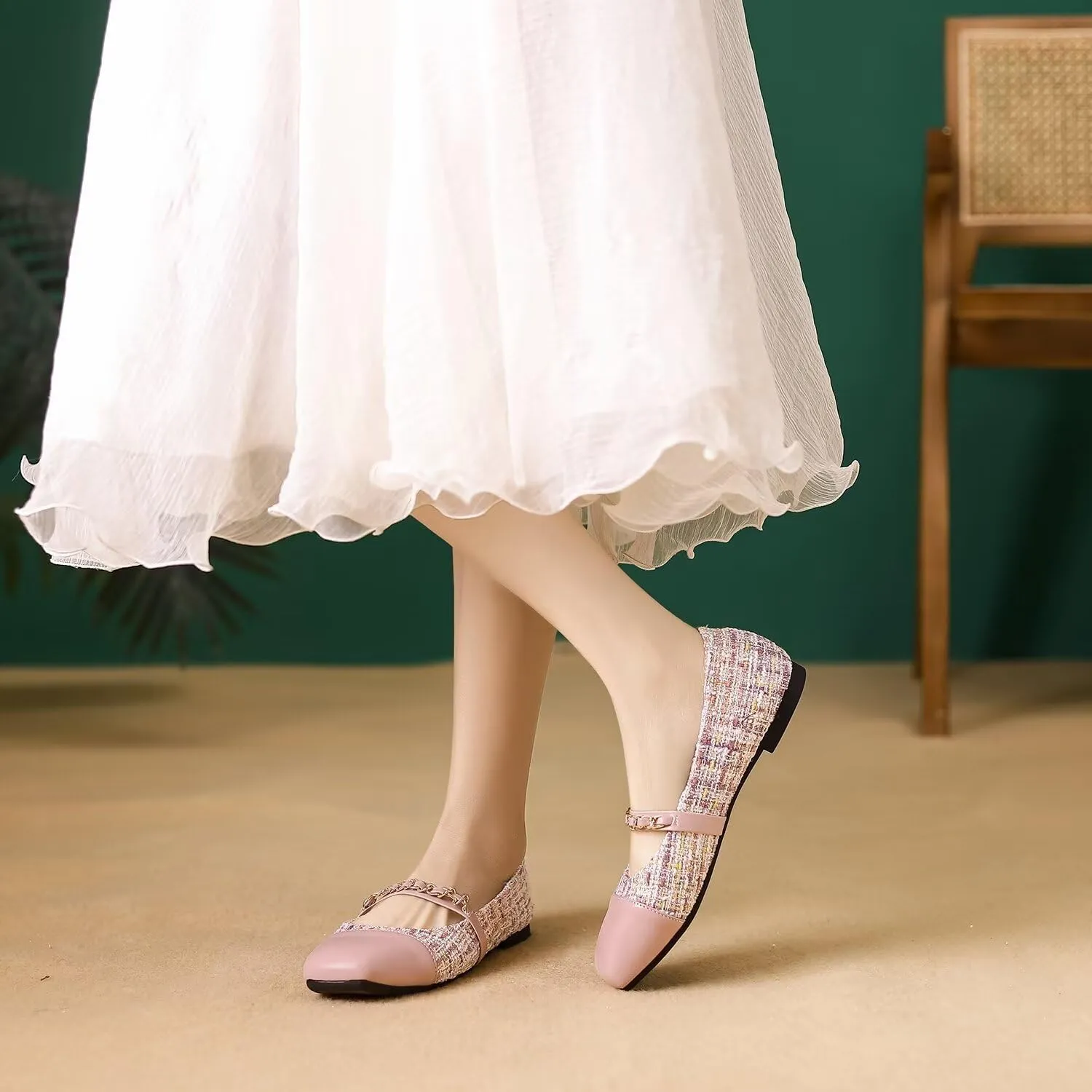 LUXINYU Flats for Women Dressy Square Toe Ankle Strap Mary Jane Shoes Casual Slip On Flats Comfortable Ballet Flats