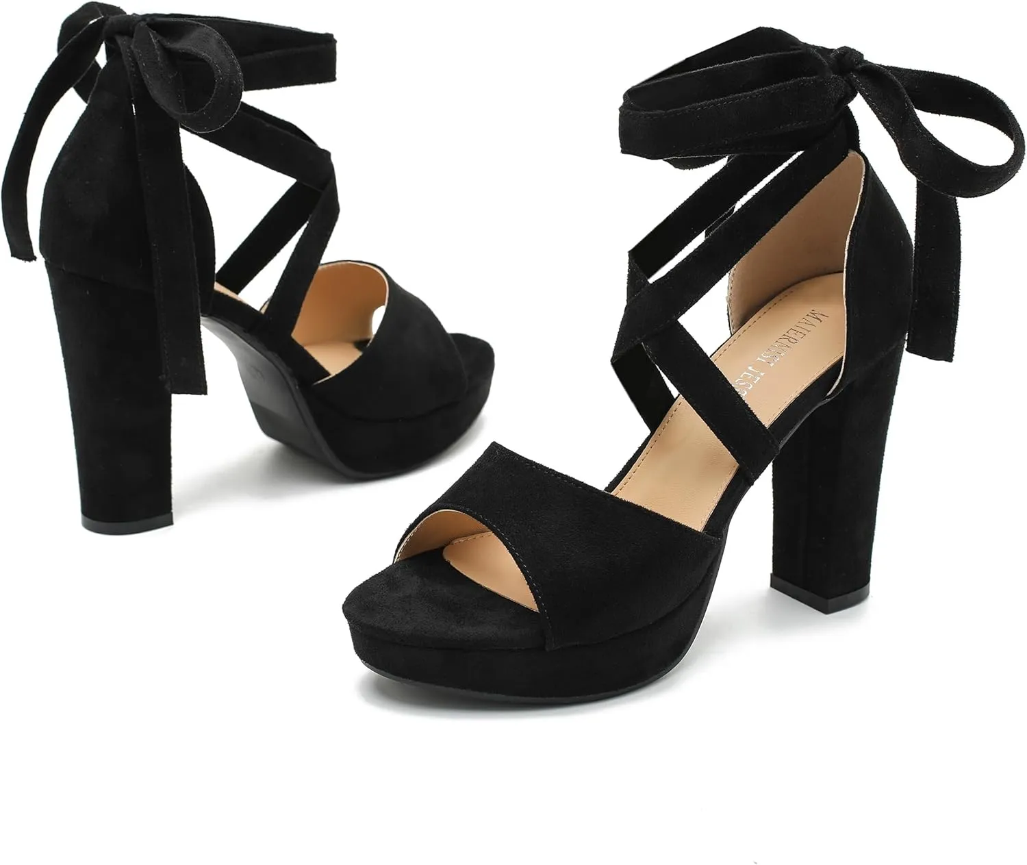 MAIERNISI JESSI Strappy Heels for Women Platform Lace Up Heels Open Toe Chunky High Heel Dress Sandals