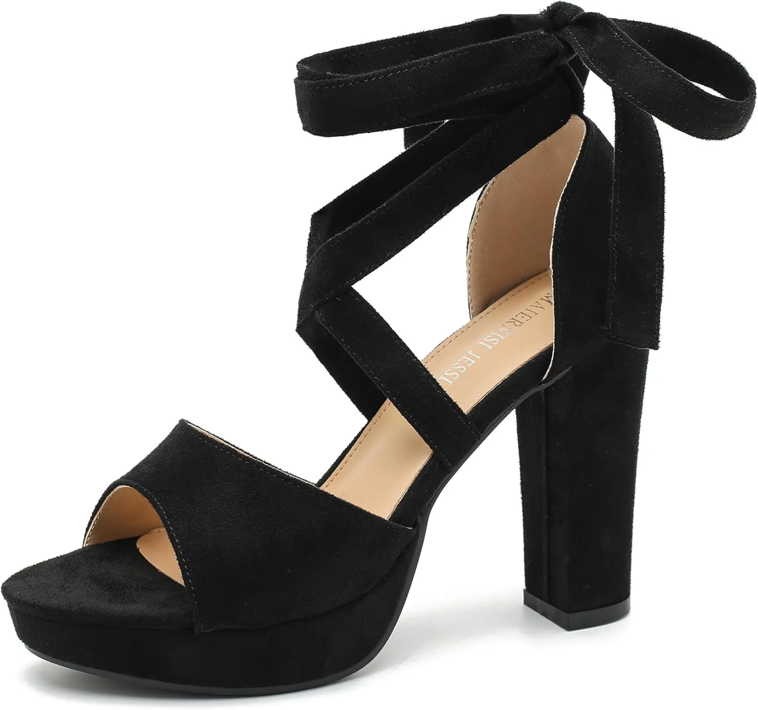 MAIERNISI JESSI Strappy Heels for Women Platform Lace Up Heels Open Toe Chunky High Heel Dress Sandals