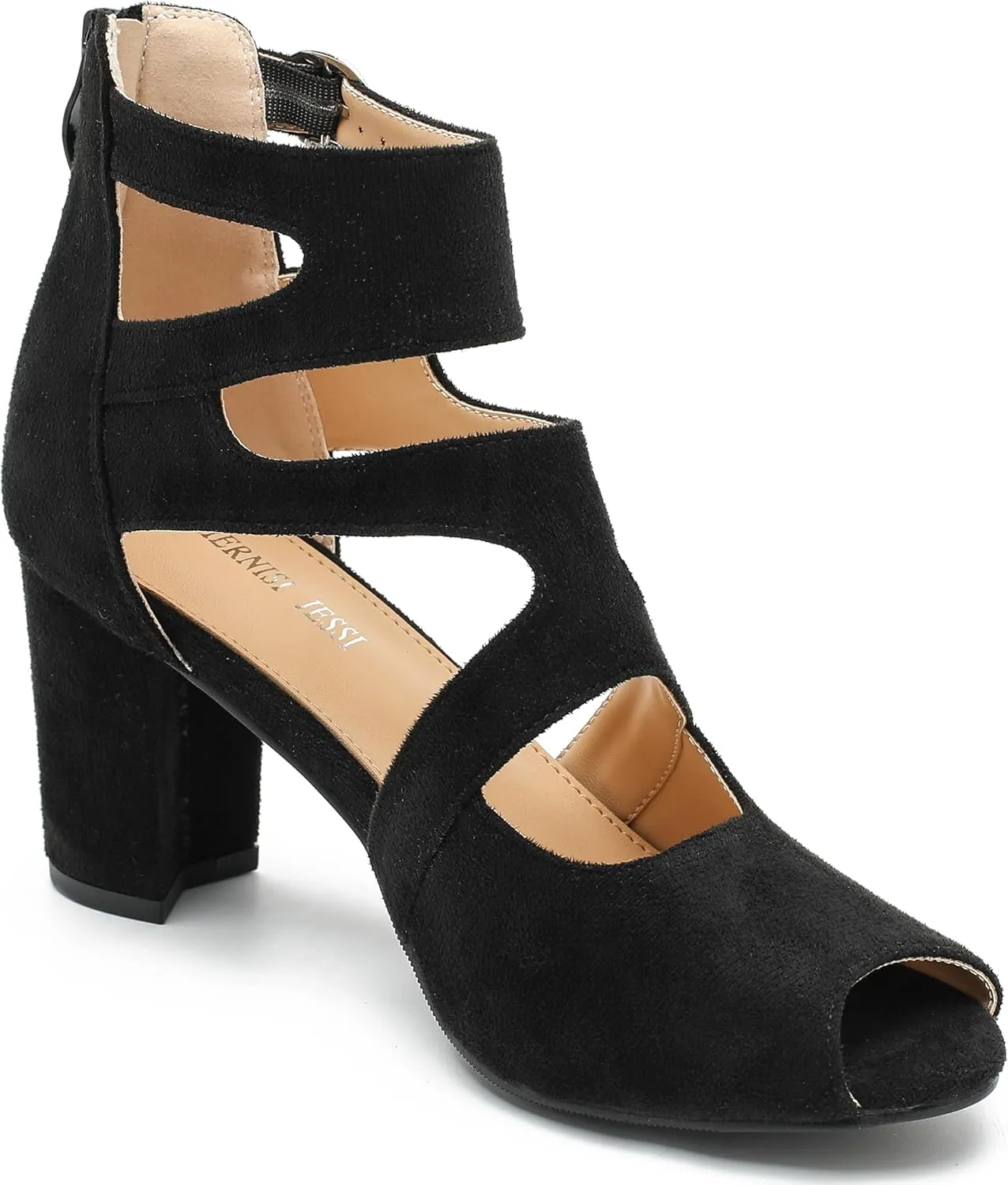 MAIERNISI JESSI Woman Gladiator Peep Toe Sandals Chunky Heels Hollow Out Zip Dress Sandals
