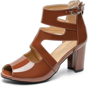 MAIERNISI JESSI Woman Gladiator Peep Toe Sandals Chunky Heels Hollow Out Zip Dress Sandals