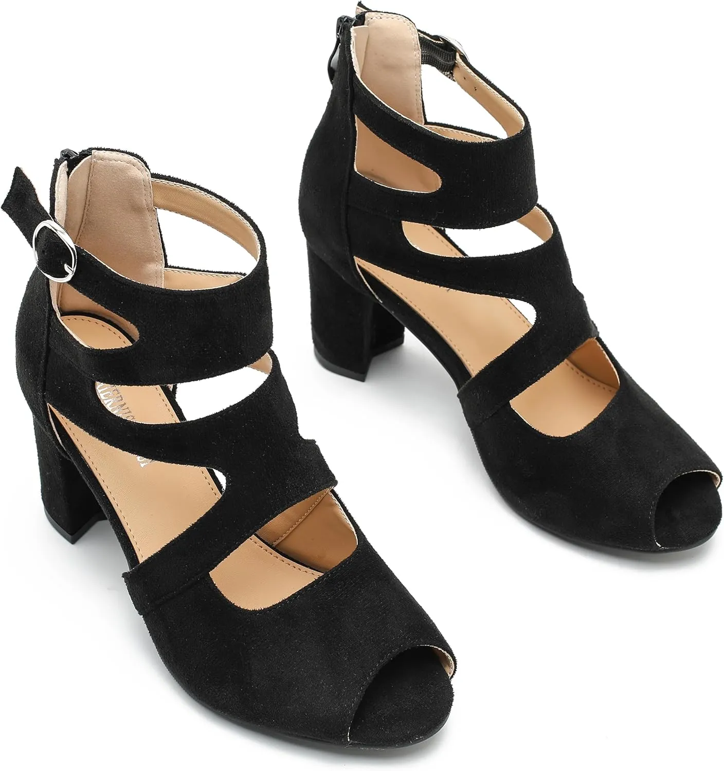 MAIERNISI JESSI Woman Gladiator Peep Toe Sandals Chunky Heels Hollow Out Zip Dress Sandals
