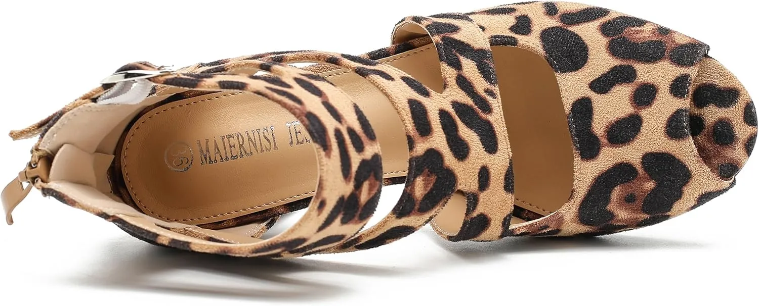 MAIERNISI JESSI Woman Gladiator Peep Toe Sandals Chunky Heels Hollow Out Zip Dress Sandals