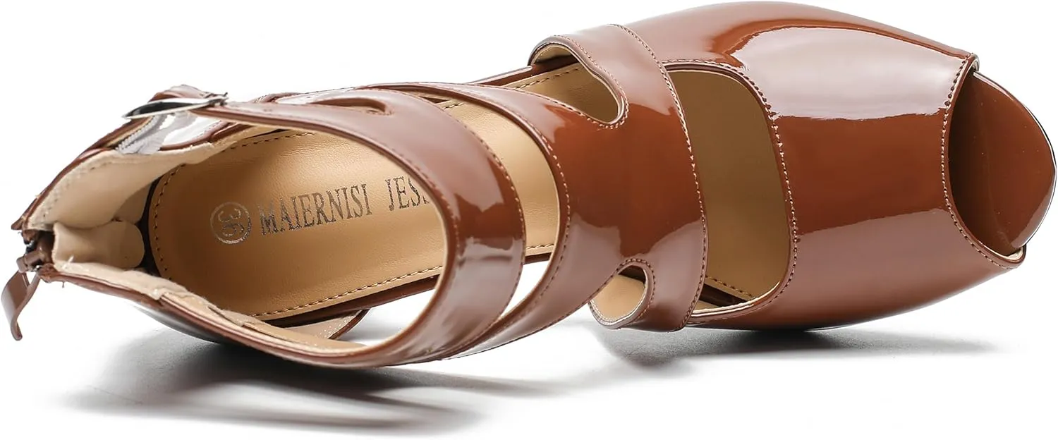 MAIERNISI JESSI Woman Gladiator Peep Toe Sandals Chunky Heels Hollow Out Zip Dress Sandals