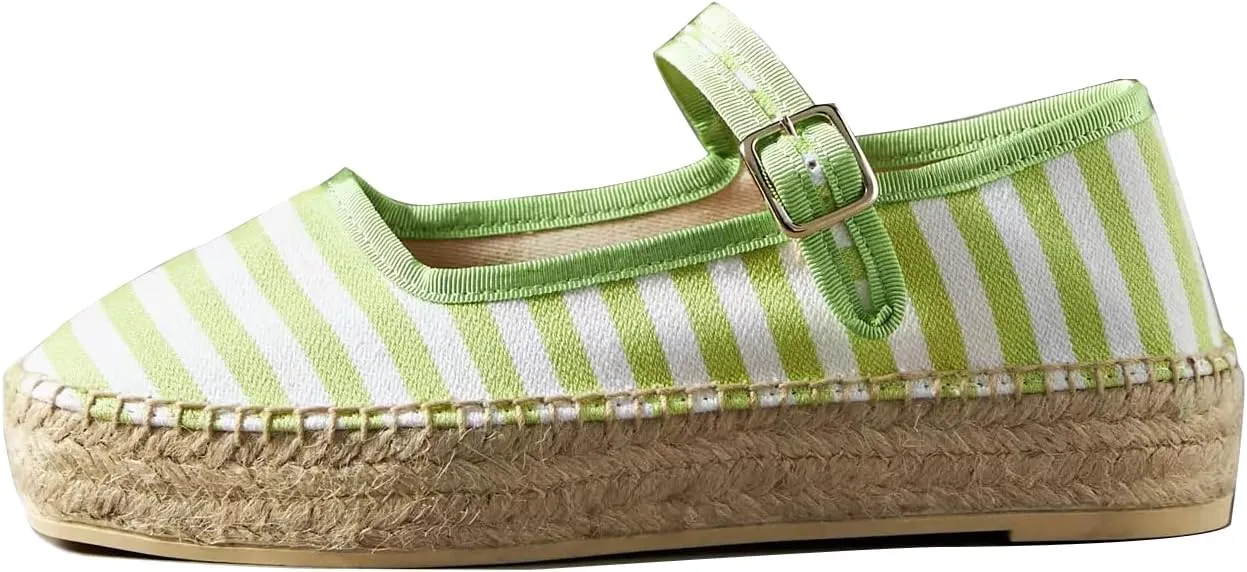 Mary Jane Espadrille Flats for Women Round Toe Buckle Strap Casual Canvas Shoes Espadrilles Ballet Flat