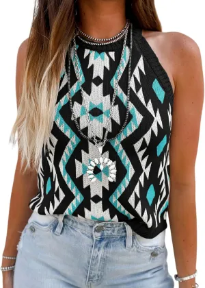 MARZXIN Women Sleeveless Sweater Tank Round Neck Casual Aztec Geometric Knit Sweater Top