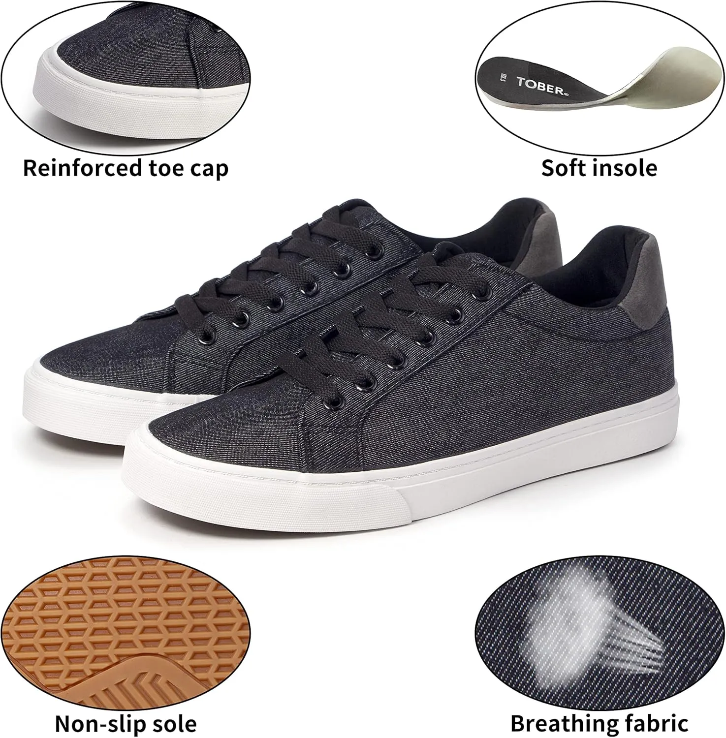 Men's Black Classic Low Top Shoes Canvas Fashion Sneaker with Soft Insole Causal Dress Shoes for Men Comfortable Walking Shoes
