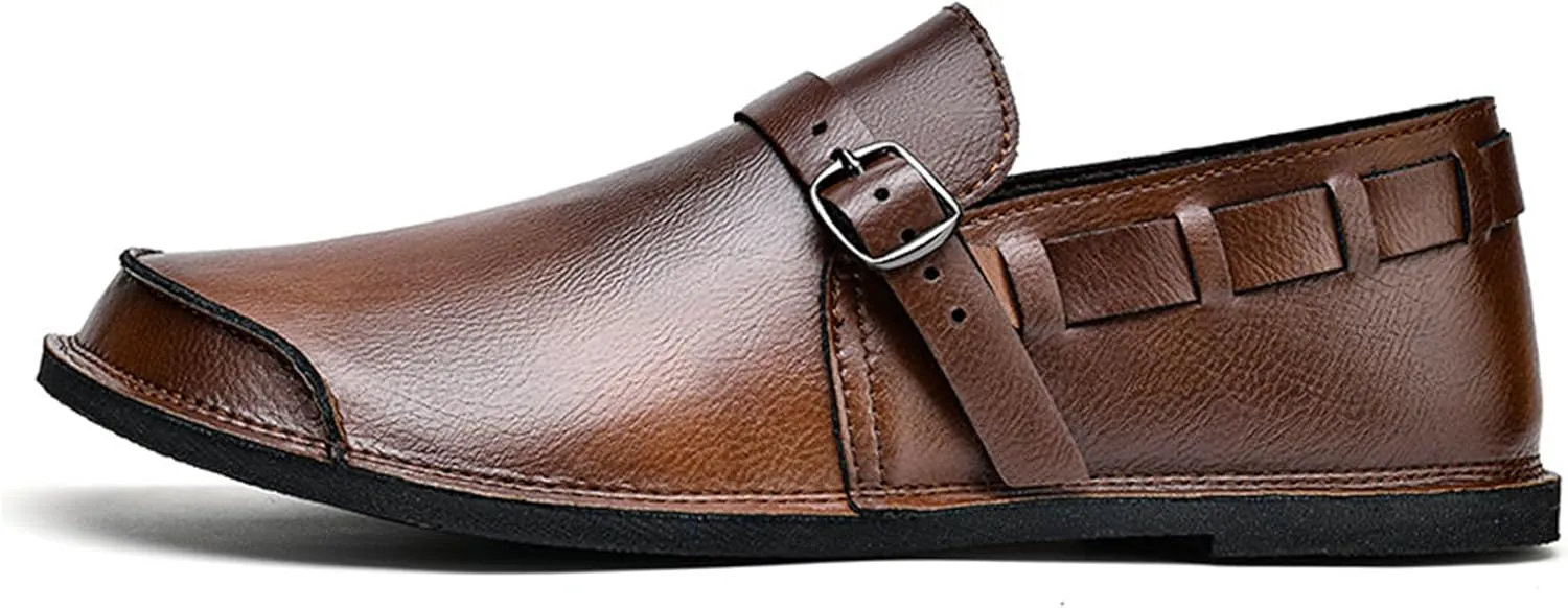Men's Genuine Leather Monk Buckle Casual Slip-On Loafers Comfort Classic Hand-Sewn Round Head Wide Toe Oxford Walking Shoes Fashion Driving Business Dress Shoes
