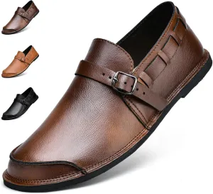 Men's Genuine Leather Monk Buckle Casual Slip-On Loafers Comfort Classic Hand-Sewn Round Head Wide Toe Oxford Walking Shoes Fashion Driving Business Dress Shoes