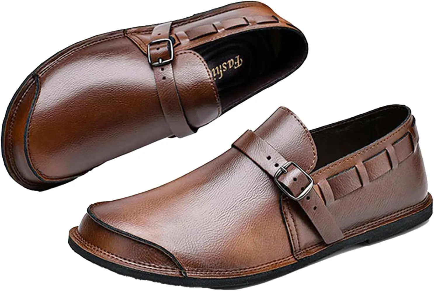 Men's Genuine Leather Monk Buckle Casual Slip-On Loafers Comfort Classic Hand-Sewn Round Head Wide Toe Oxford Walking Shoes Fashion Driving Business Dress Shoes