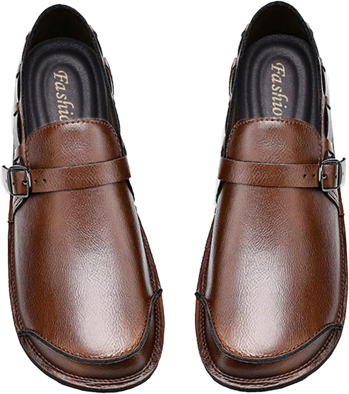 Men's Genuine Leather Monk Buckle Casual Slip-On Loafers Comfort Classic Hand-Sewn Round Head Wide Toe Oxford Walking Shoes Fashion Driving Business Dress Shoes