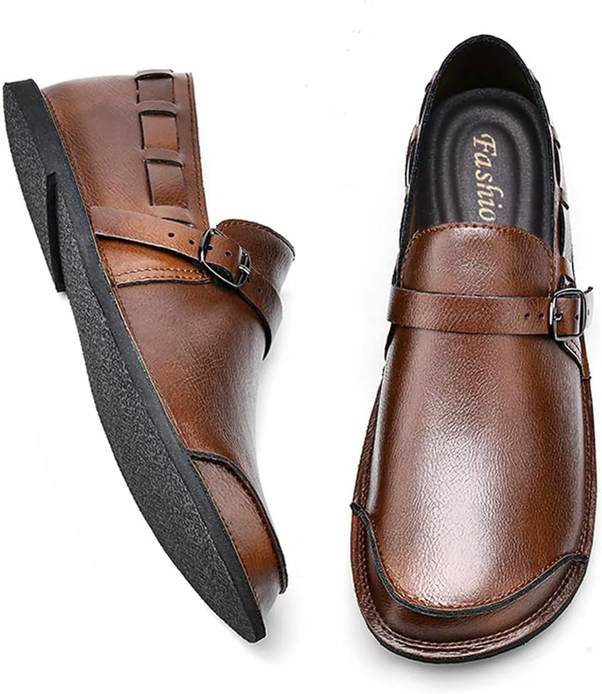 Men's Genuine Leather Monk Buckle Casual Slip-On Loafers Comfort Classic Hand-Sewn Round Head Wide Toe Oxford Walking Shoes Fashion Driving Business Dress Shoes