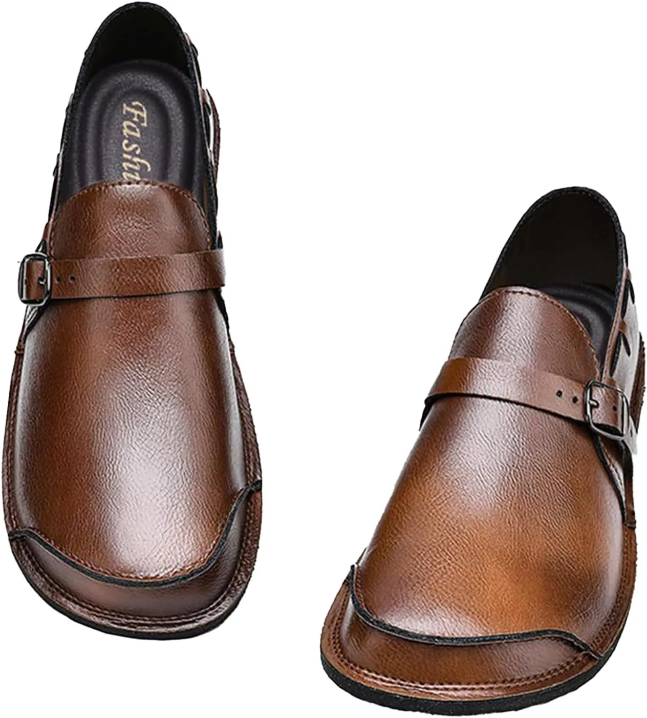 Men's Genuine Leather Monk Buckle Casual Slip-On Loafers Comfort Classic Hand-Sewn Round Head Wide Toe Oxford Walking Shoes Fashion Driving Business Dress Shoes