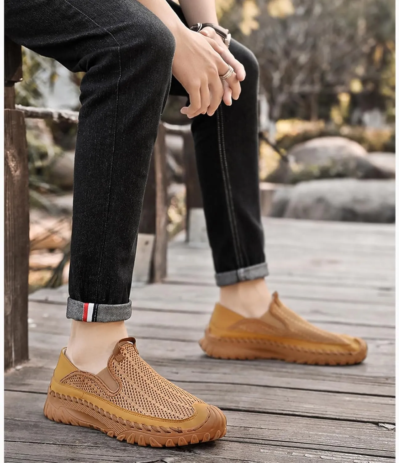 Men's Handmade Hollow Mesh Slip-On Loafers Comfortable Lightweight Breathable Closed Toe Walking Sandals Suitable for Outdoor Cross-Country Anti-Slip Hiking Sneakers