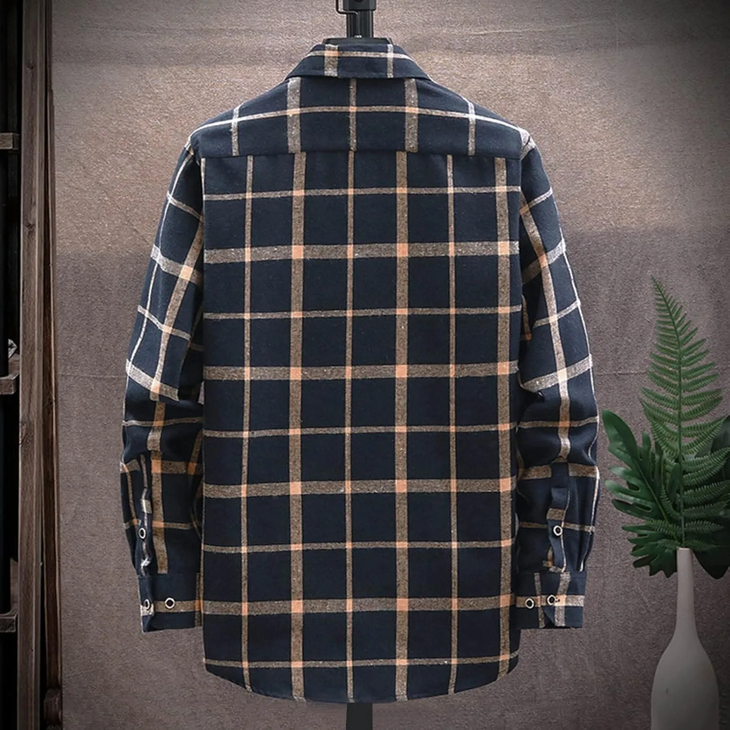Men's Plaid Hooded Shirts Square Printing Lightweight Breathable Long Sleeve Lapel Men Plus Size Big&Tall Mens with