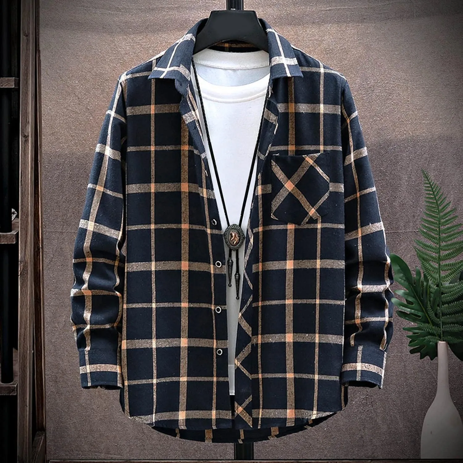Men's Plaid Hooded Shirts Square Printing Lightweight Breathable Long Sleeve Lapel Men Plus Size Big&Tall Mens with