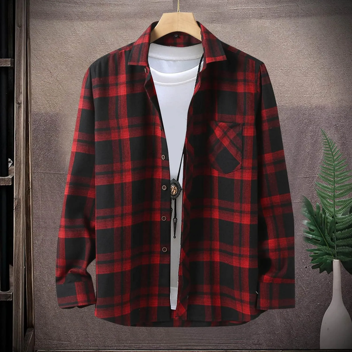 Men's Plaid Hooded Shirts Square Printing Lightweight Breathable Long Sleeve Lapel Men Plus Size Big&Tall Mens with