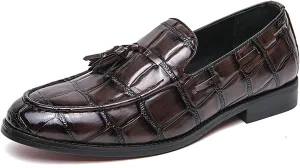 Men's Tassel Round Toe Slip-on Loafers Classic Crocodile Pattern Dress Shoes Comfortable Anti-Slip Business Formal Wedding Shoes for Men