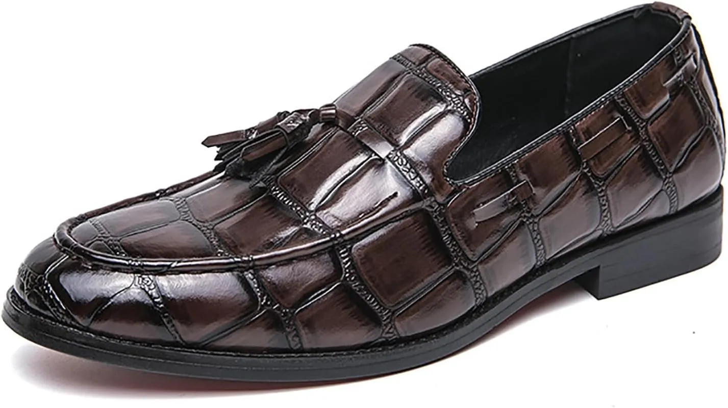 Men's Tassel Round Toe Slip-on Loafers Classic Crocodile Pattern Dress Shoes Comfortable Anti-Slip Business Formal Wedding Shoes for Men