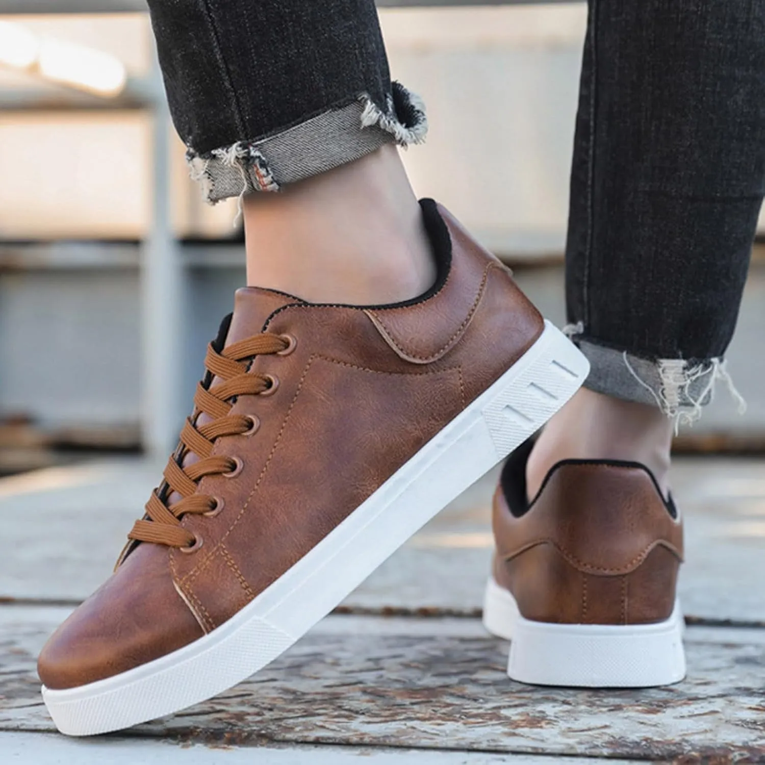 Mens Tennis Shoes Men's Fashionable Low Top Trendy White Shoes with Toe Lace Up Popular Comfortable Casual