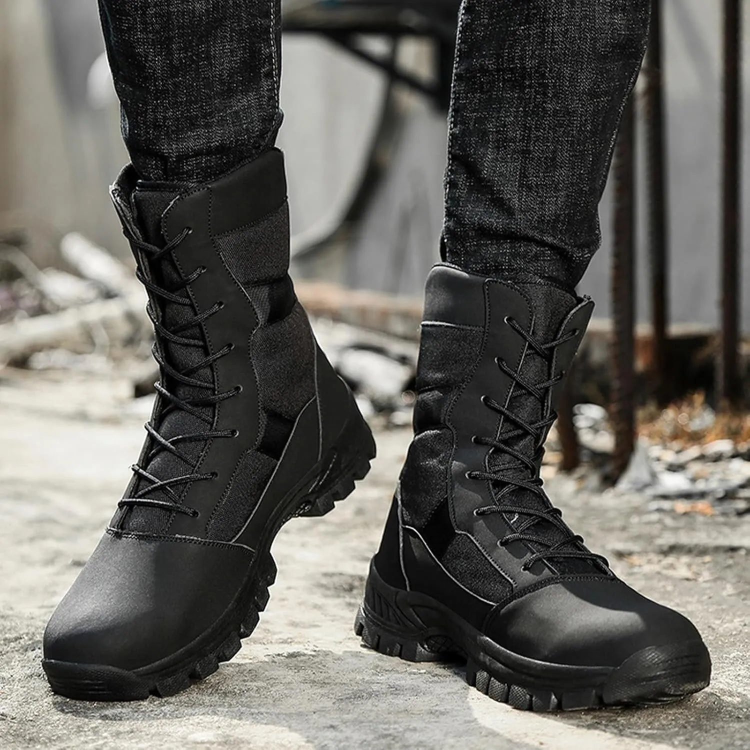 Men's Waterproof Hiking Boots Platform Round toe Lace-up Non-slip Camping Trail High Combat Boots Outdoor Desert Boots