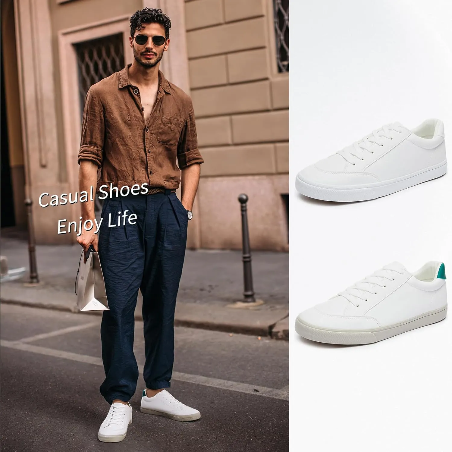 Mens White Sneakers Leather Simple Casual Shoes Fashion Sneakers for Men Classic Low Top Sneaker Breathable Tennis Shoes