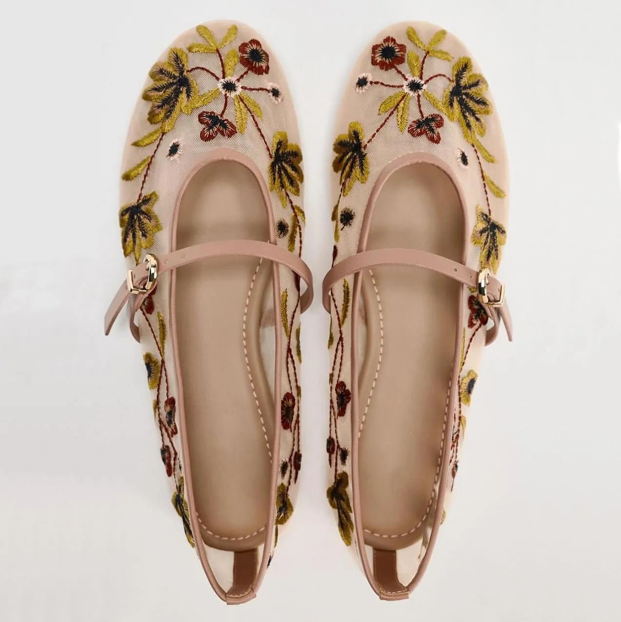 Mesh Ballet Flats for Women Embroidered Floral Mary Jane Flats Round Toe Slip On Ballerina Shoes Comfortable Casual Daily Dress Flat Shoes