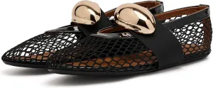 Mesh Ballet Flats for Women Gold Strap Fishnet Flats Round Toe Mary Jane Flats Casual Comfy Daily Dress Slip On Low Heel Ballerina Shoes