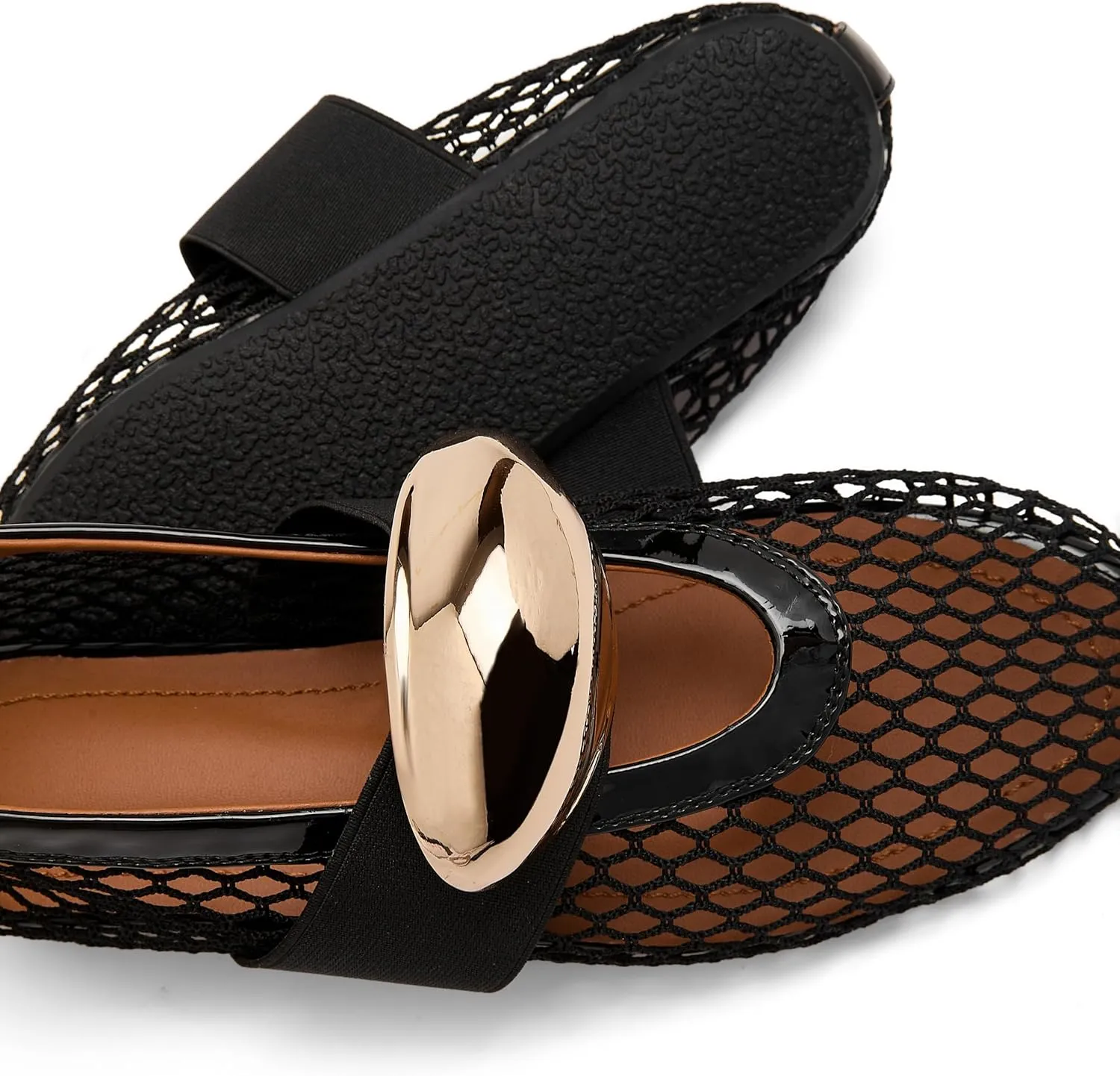 Mesh Ballet Flats for Women Gold Strap Fishnet Flats Round Toe Mary Jane Flats Casual Comfy Daily Dress Slip On Low Heel Ballerina Shoes