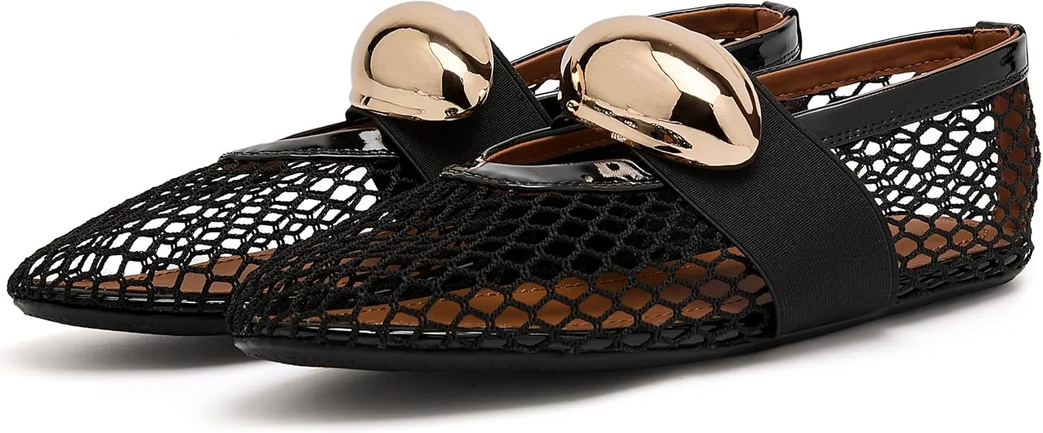 Mesh Ballet Flats for Women Gold Strap Fishnet Flats Round Toe Mary Jane Flats Casual Comfy Daily Dress Slip On Low Heel Ballerina Shoes
