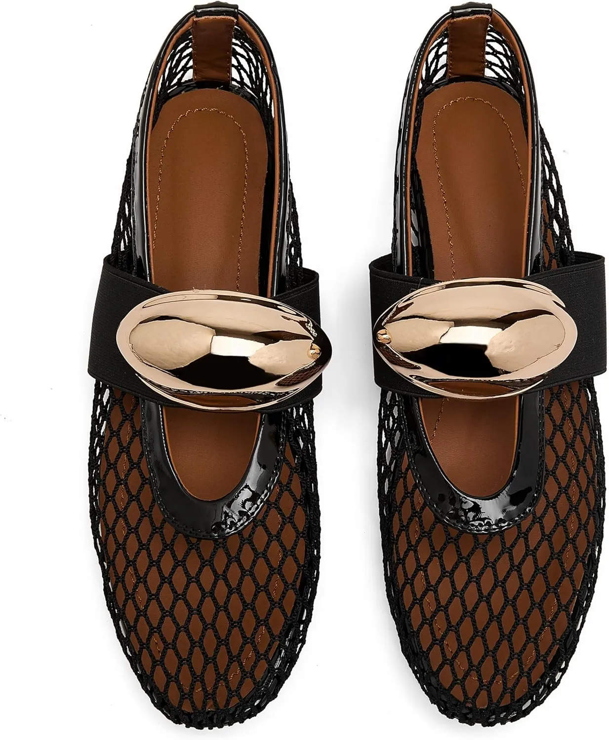 Mesh Ballet Flats for Women Gold Strap Fishnet Flats Round Toe Mary Jane Flats Casual Comfy Daily Dress Slip On Low Heel Ballerina Shoes