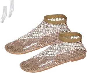 Mesh Ballet Flats for Women, Ultra Comfortable Shiny Gem Mesh Flats, Glittery Stretchy Net Shoes for Women