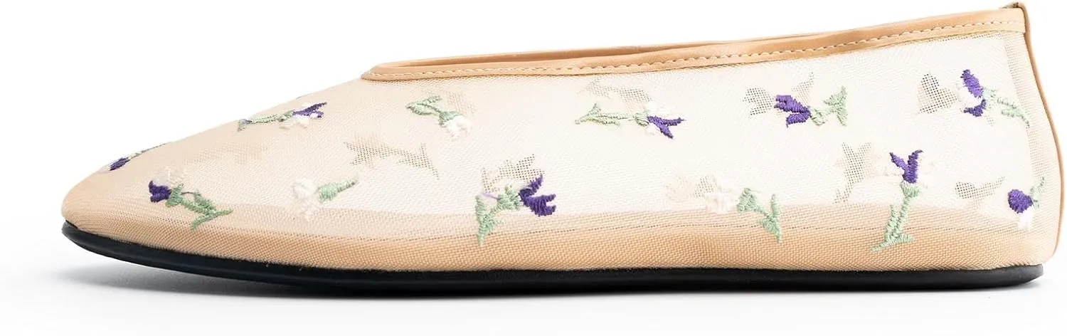 Mesh Ballet Flats for Women,Floral Embroidered Tulle Round Toe Ballerina Shoes,Slip on Comfortable Casual Daily Dress Flats Shoes