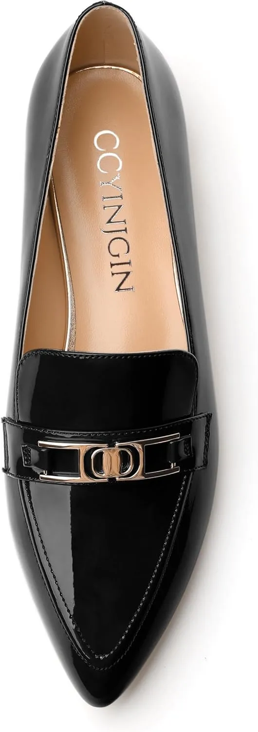 Metal Chain Loafers for Women Pointed Toe Slip on Flats Comfortable Fashion Work Shoes