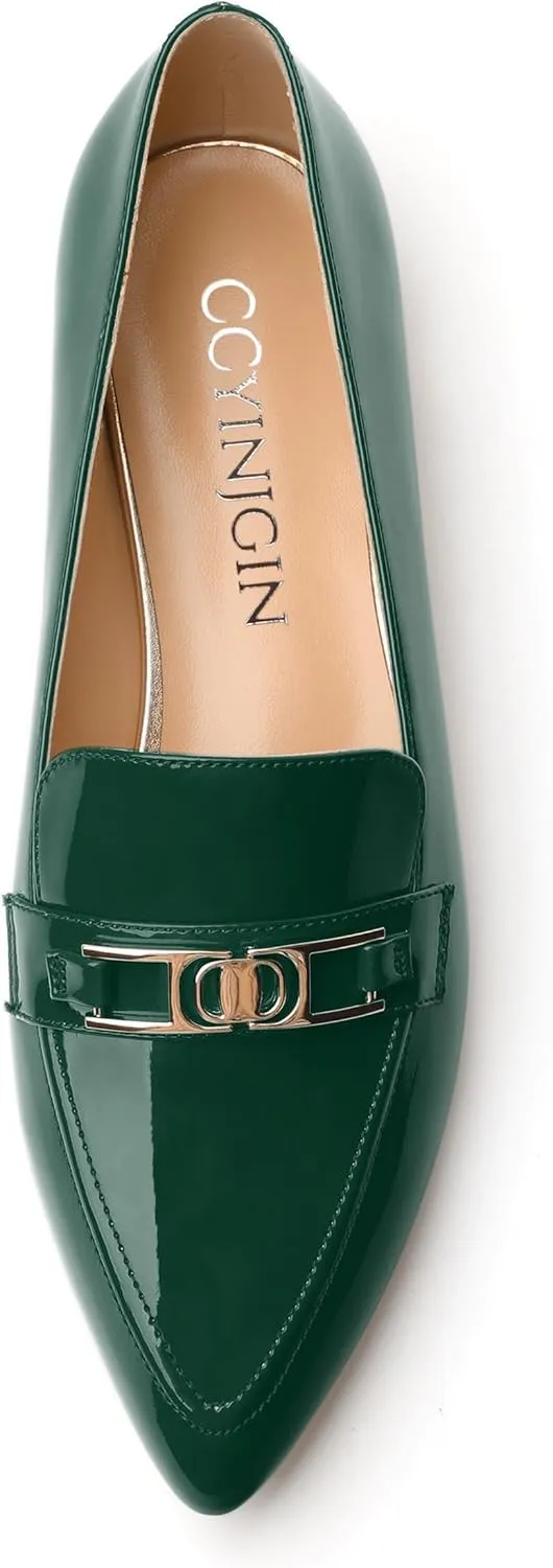 Metal Chain Loafers for Women Pointed Toe Slip on Flats Comfortable Fashion Work Shoes