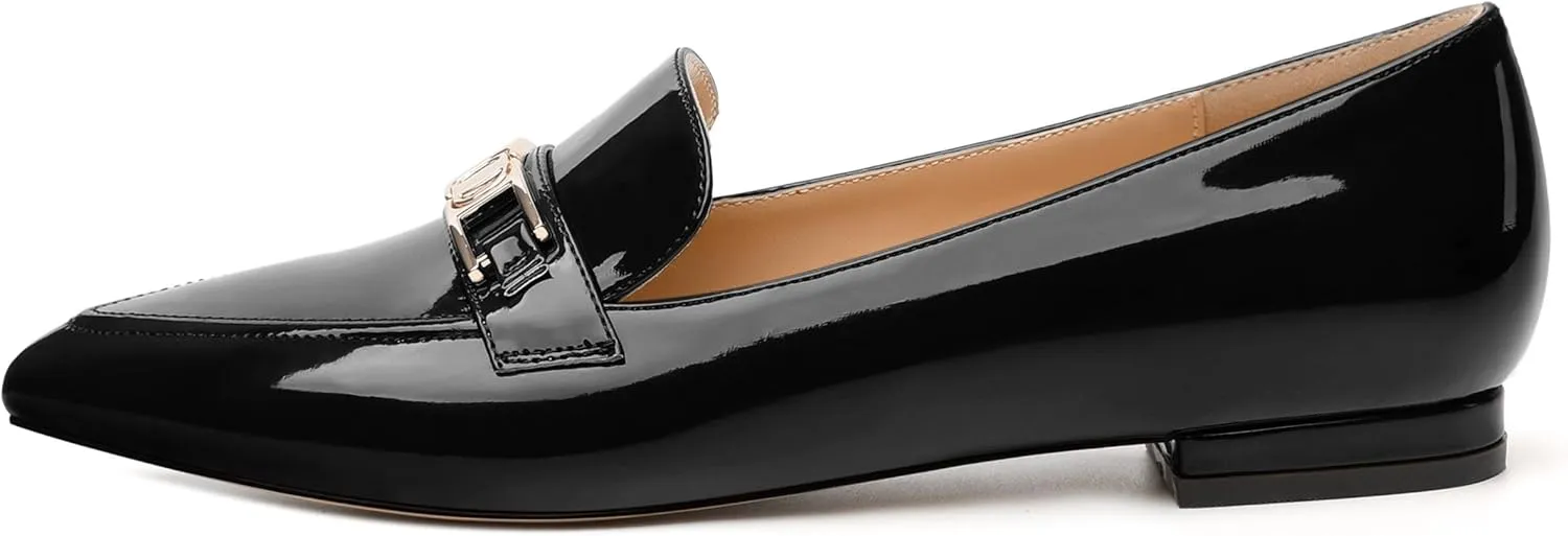 Metal Chain Loafers for Women Pointed Toe Slip on Flats Comfortable Fashion Work Shoes