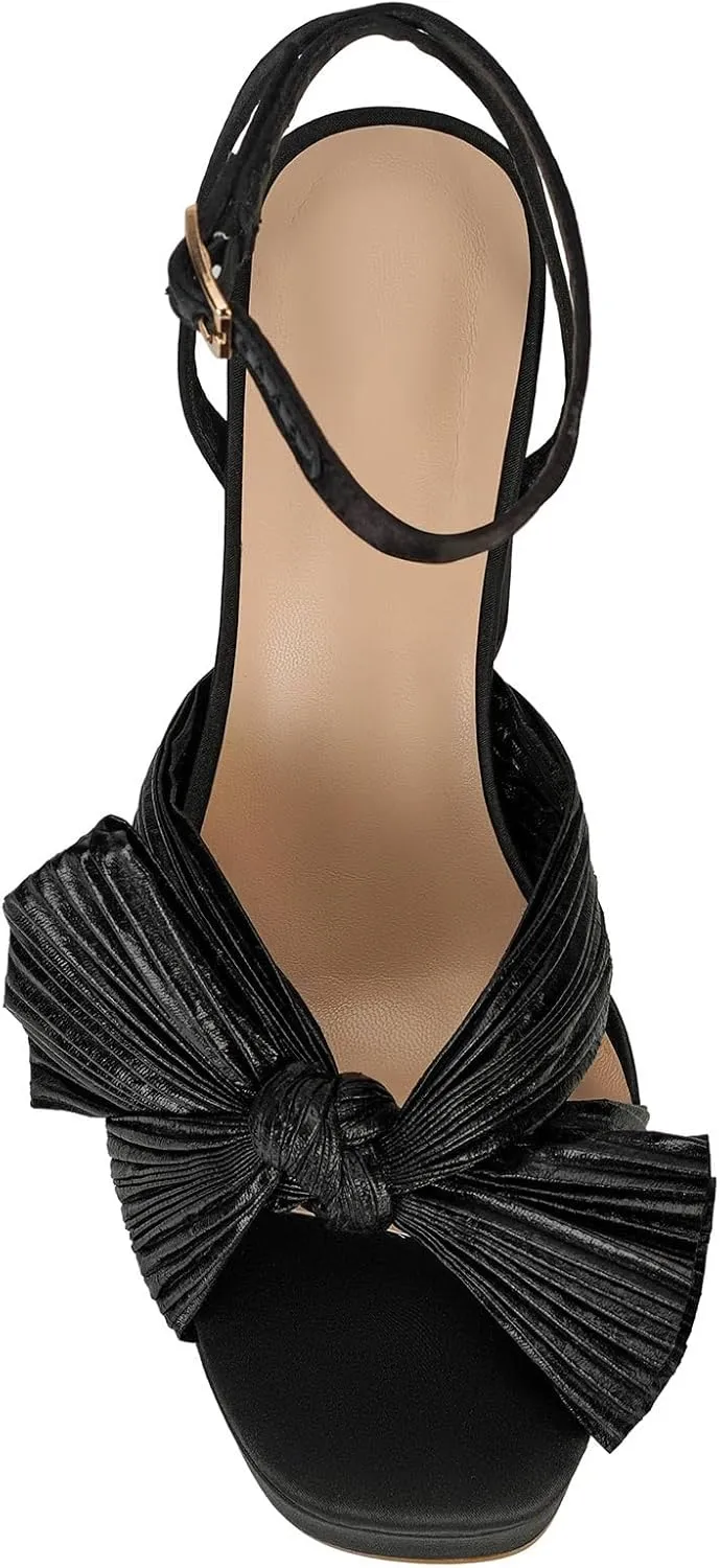 MICIFA Women's Bow Heeled Sandals Pleated Bowknot Platform High Heel Sandals Ankle Strap Chunky Dress Bridal Wedding Shoes
