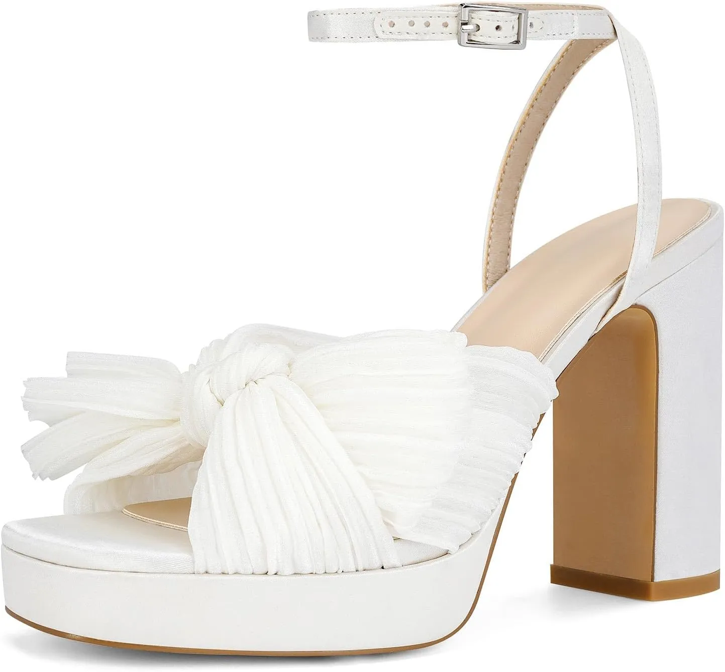 MICIFA Women's Bow Heeled Sandals Pleated Bowknot Platform High Heel Sandals Ankle Strap Chunky Dress Bridal Wedding Shoes