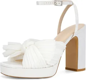 MICIFA Women's Bow Heeled Sandals Pleated Bowknot Platform High Heel Sandals Ankle Strap Chunky Dress Bridal Wedding Shoes