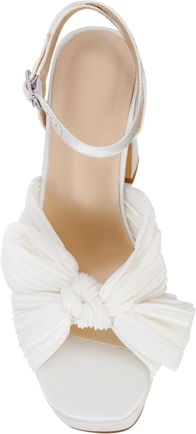 MICIFA Women's Bow Heeled Sandals Pleated Bowknot Platform High Heel Sandals Ankle Strap Chunky Dress Bridal Wedding Shoes