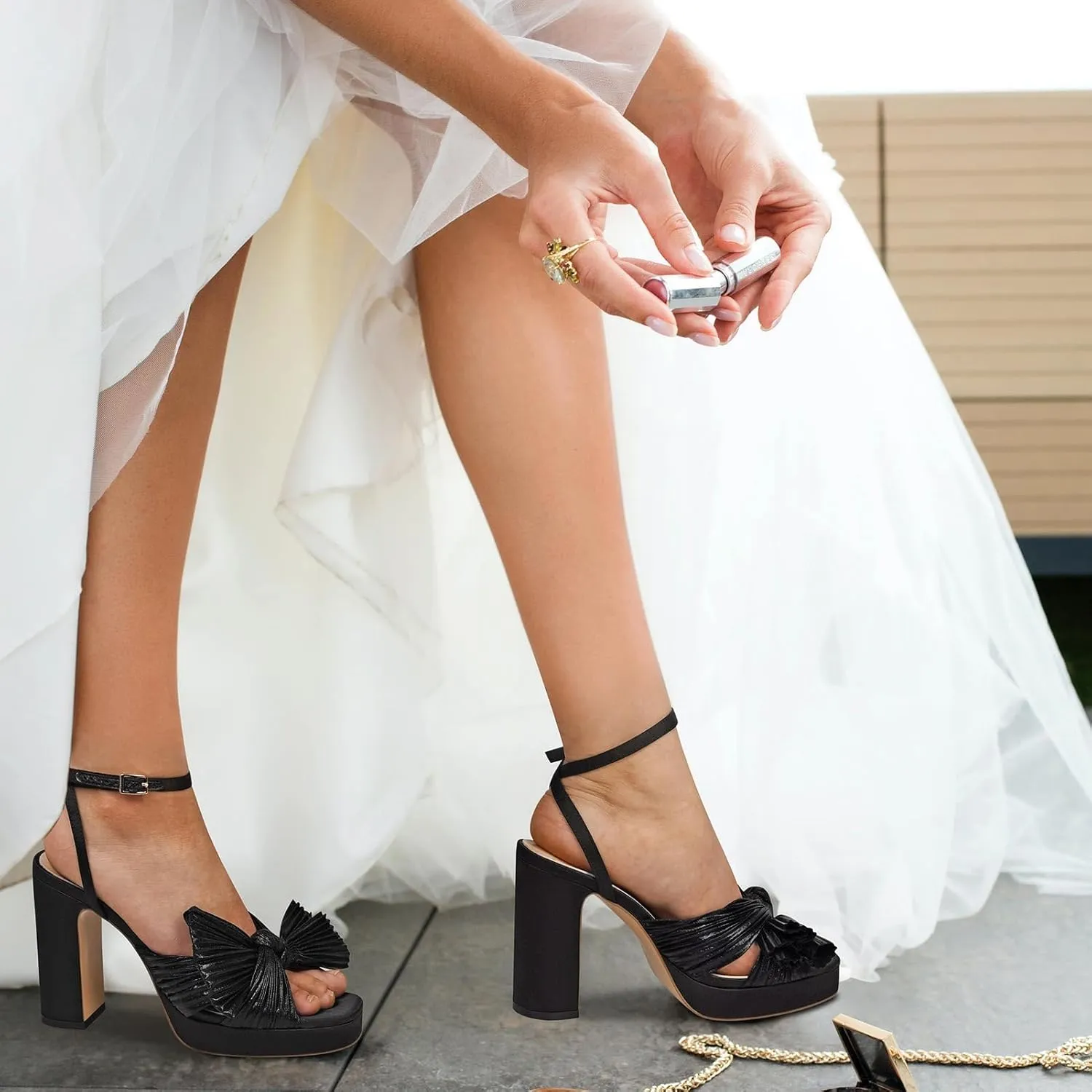 MICIFA Women's Bow Heeled Sandals Pleated Bowknot Platform High Heel Sandals Ankle Strap Chunky Dress Bridal Wedding Shoes