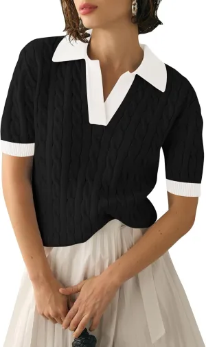 Micoson Womens Short Sleeve Sweater Tops Lapel V Neck Loose Shirts 2025 Summer Cable Knit Business Casual Outfits