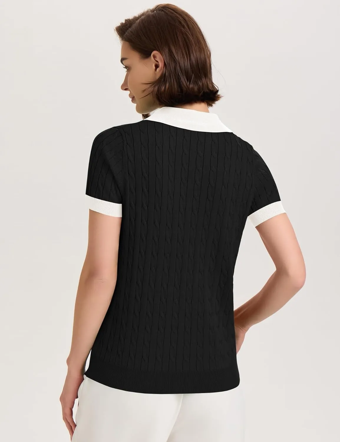 Micoson Womens Short Sleeve Sweater Tops Lapel V Neck Loose Shirts 2025 Summer Cable Knit Business Casual Outfits