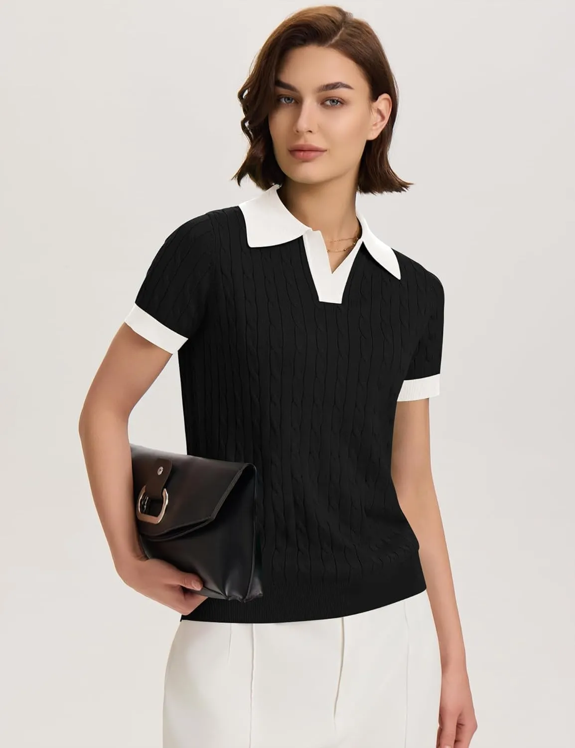 Micoson Womens Short Sleeve Sweater Tops Lapel V Neck Loose Shirts 2025 Summer Cable Knit Business Casual Outfits
