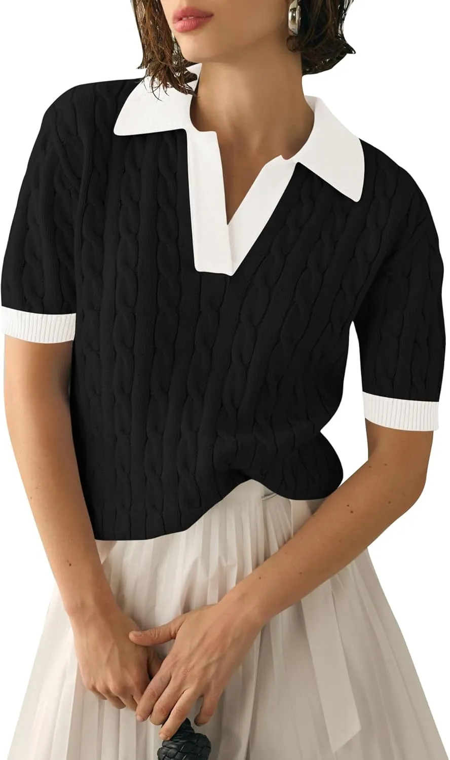 Micoson Womens Short Sleeve Sweater Tops Lapel V Neck Loose Shirts 2025 Summer Cable Knit Business Casual Outfits