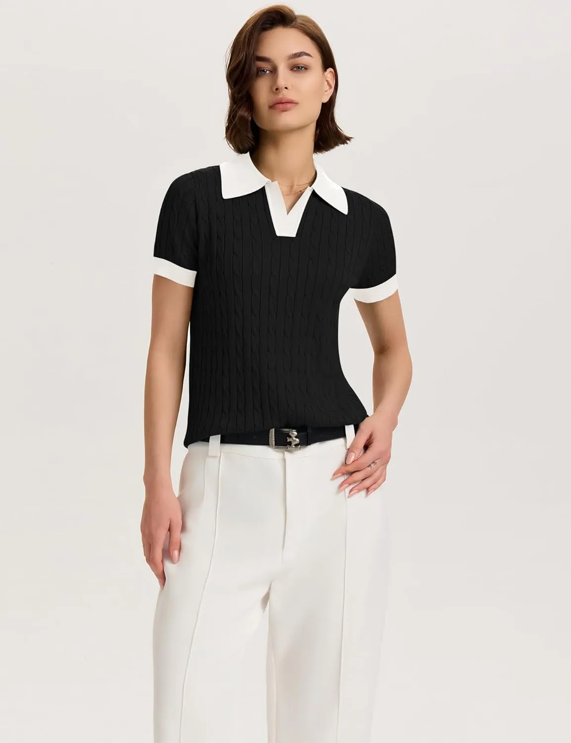 Micoson Womens Short Sleeve Sweater Tops Lapel V Neck Loose Shirts 2025 Summer Cable Knit Business Casual Outfits
