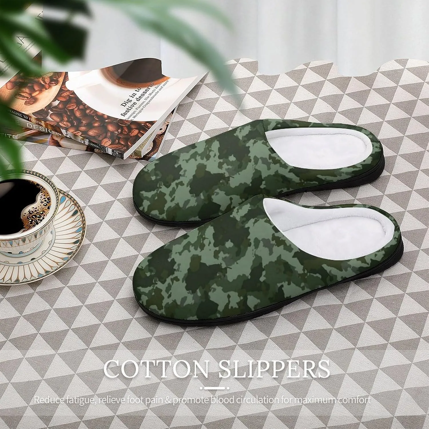 Military Or Hunting Camouflage House Slippers for Women Soft Cotton Indoor Shoes Non Skid On Bedroom