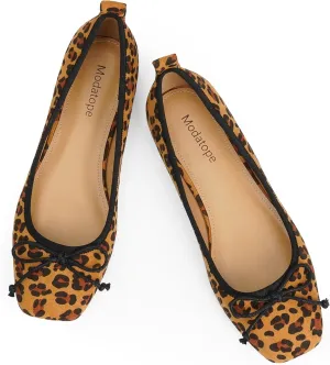 Modatope Ballet Flats with Bow Ballerina Closed Square Toe Slip on Bowknot Flats Shoes for Women Dressy